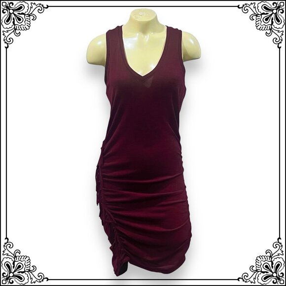 EXPRESS Heather Burgundy Bodycon Ruched Fringe V-Neck Dress - Size M - Picture 3 of 11